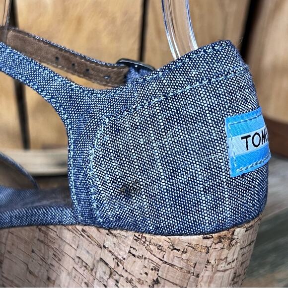 Toms Chambray Blue Platform Adjustable Cork Wedge Sandals Womens Size 7.5 - Picture 9 of 12